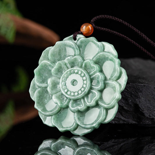 Jade  Lotus Pattern Jade Luck Prosperity Necklace Pendant