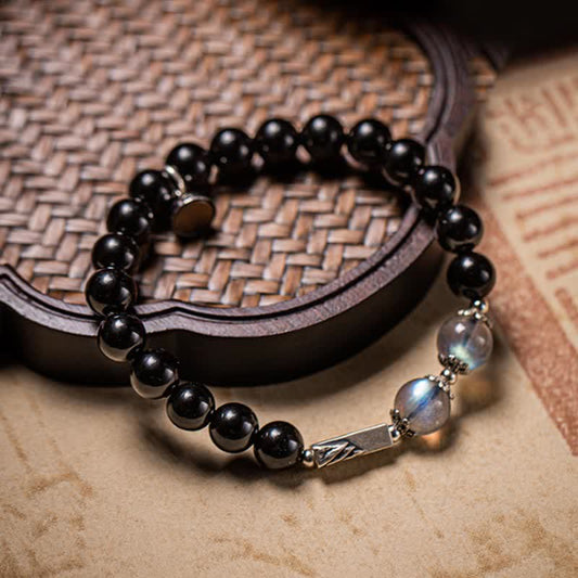 Spiritualität Buddha Karma 925 Sterling Silber Obsidian Mondstein Stärke Paararmband 