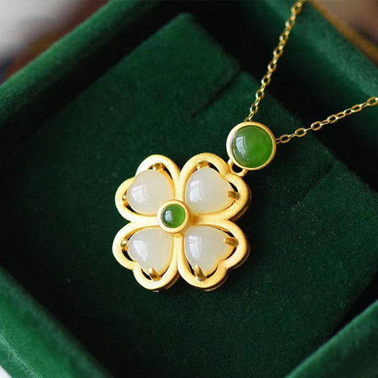 Jade  925 Sterling Silver Lucky Four Leaf Clover Jade Prosperity Necklace Chain Pendant