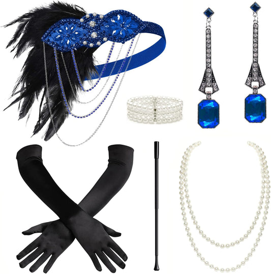 1920s Flapper Accessories Gatsby Costume Accessories Set 20s Flapper Feather Headband Pearl Necklace Gloves