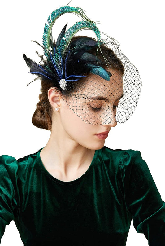 Veil Fascinator Hat for Women Peacock Feather Fascinators Hair Clip with Removable Veil Tea Party Hat Bridal Wedding