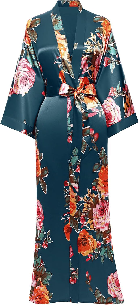 Women's Kimono Robe Long Satin Silky Floral Lightweight Bridesmaid Wedding Bachelorette Party Robe