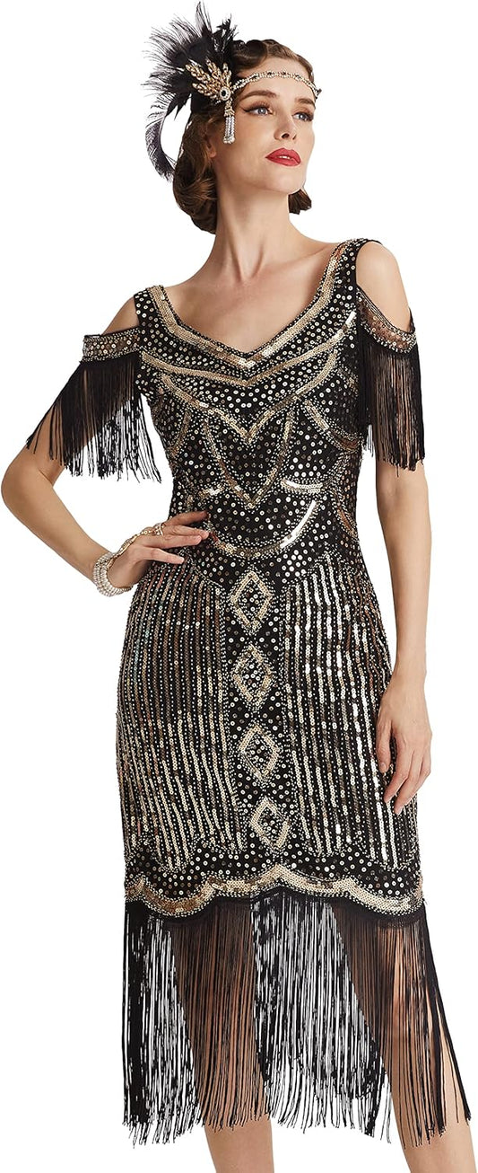 Womens 1920s Flapper Dress Vintage Long Fringe Dress Roaring 20s Sequins Beaded Dress