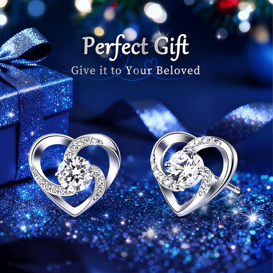 Women's Earrings "Love is Happiness", 925 Sterling Silver Stud Earrings with Zirconia, Elegant Heart Design, for Birthday/Valentine's Day/Mother's Day