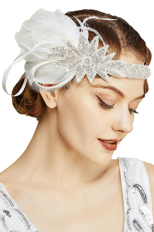 Vintage 1920s Flapper Headband Roaring 20s Great Gatsby Headpiece with Feather 1920s Flapper Gatsby Hair Accessories (White)