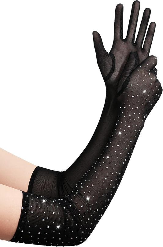 Mesh Gloves for Women - Long Rhinestone Tulle Sheer Sparkly Elbow Length Stretchy Accessory for Opera Party