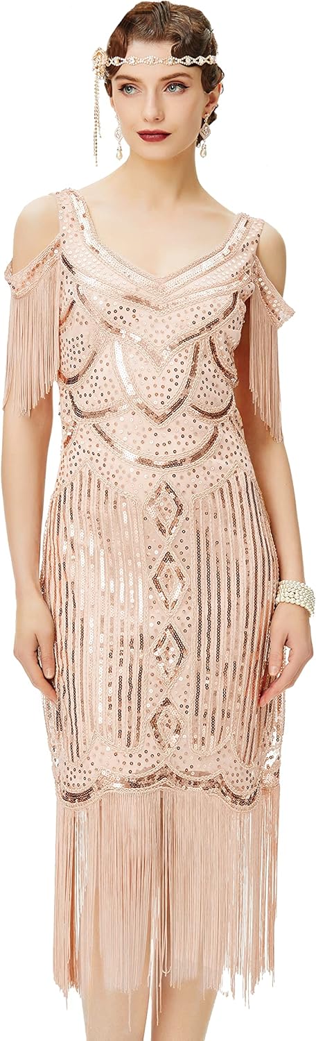 Womens 1920s Flapper Dress Vintage Long Fringe Dress Roaring 20s Sequins Beaded Dress