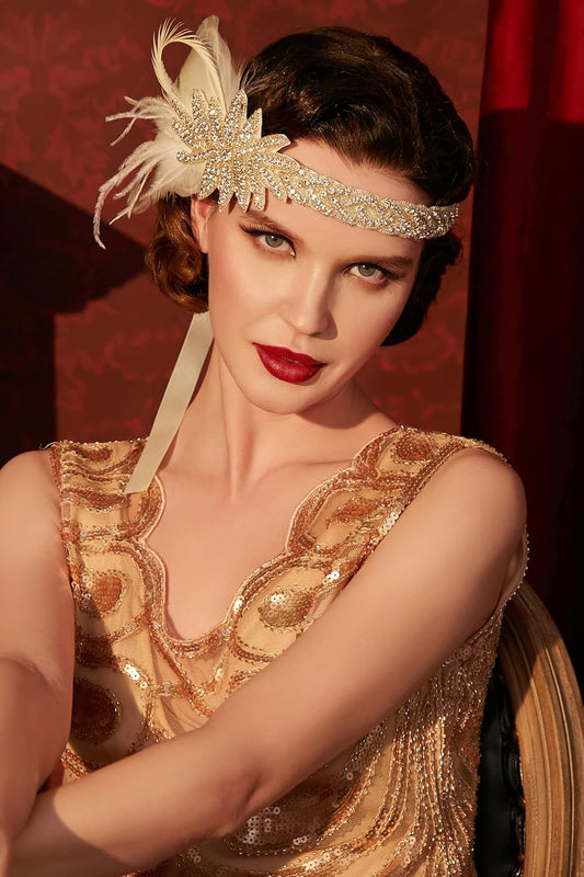 Vintage 1920s Flapper Headband Roaring 20s Great Gatsby Headpiece with Feather 1920s Flapper Gatsby Hair Accessories (White)