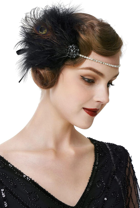 1920s Flapper Headband Roaring 20s Headpiece Gatsby Ostrich Feather Headpiece with Crystal Women