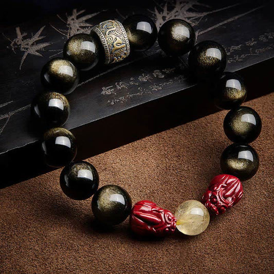 Spiritualität Buddha Karma Gold Glanz Obsidian PiXiu Zinnober Om Mani Padme Hum Schutzarmband