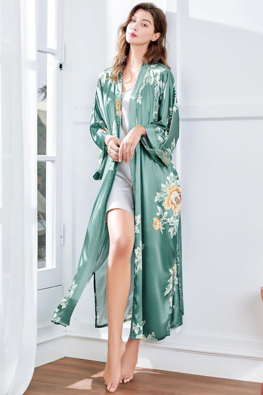 Floral Kimono Robe Satin Silk Wedding Robe 1920s Kimono Nightgown Sleepwear 53 Inches Long