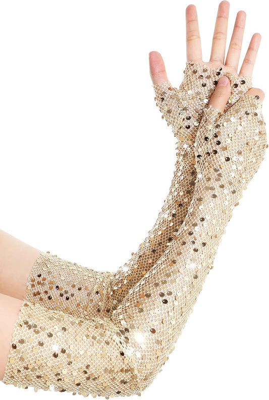 Opera Gloves for Women - Long Fingerless Sequin Sparkling Glitter Gloves Tea Party Stretchy Adult Size Elbow Length