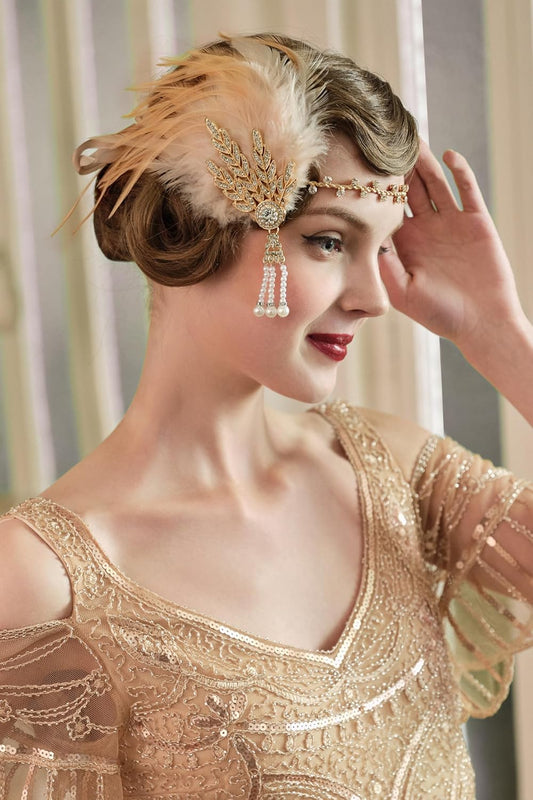 Art Deco 1920's Flapper Great Gatsby Inspired Leaf Medallion Pearl Headband Black Feather