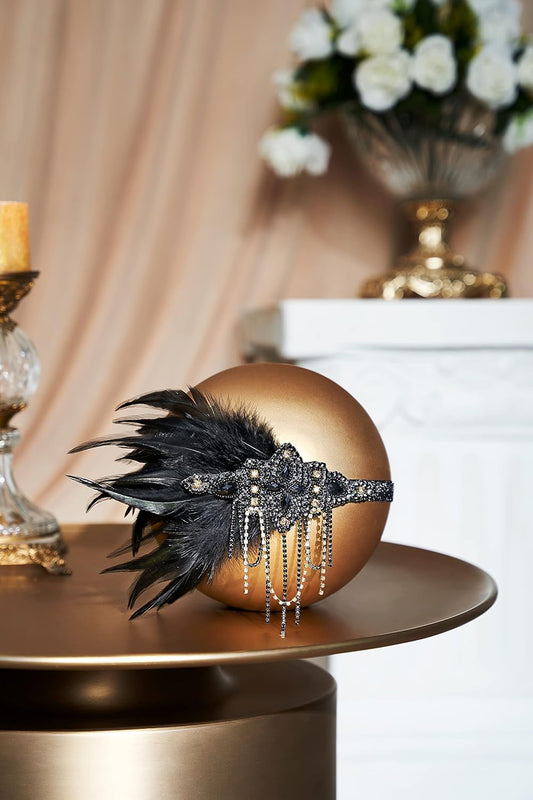 1920s Flapper Headpiece 20s Gatsby Black Feather Headband Roaring 20s Hair Accessories with Crystal Beads (Black Gold)
