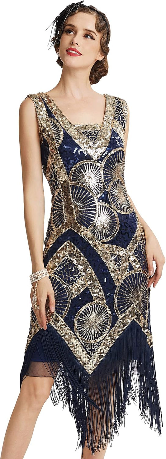 1920s Flapper Dress Long Fringe Gatsby Dress Roaring 20s Sequin Beaded Dress