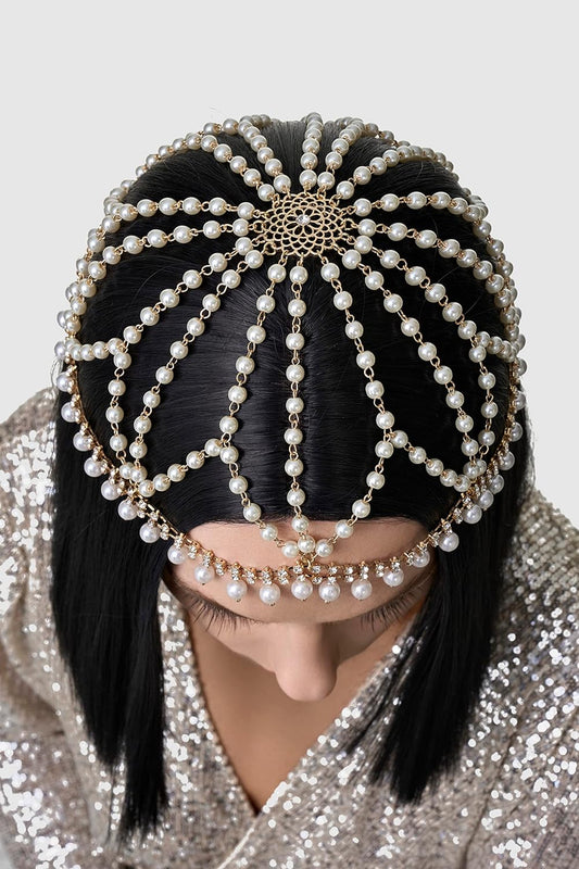 1920s Crystal Cap Headpiece Rhinestone Head Chain Roaring 20s Great Gatsby Hair Accessories for Art Deco Party (Gold)