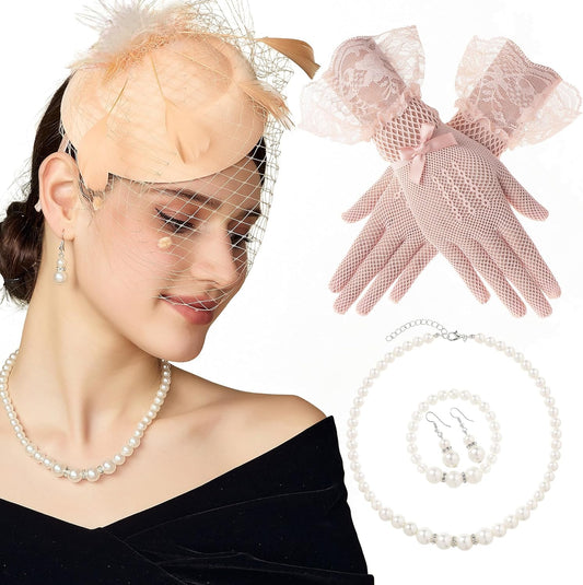 Fascinators Hat for Women - 5Pcs Tea Party Headwear and Gloves Kentucky Wedding Pillbox Fascinator with Jewelry Set