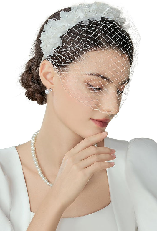 Mesh Veil Headband for Women - Tea Party 1920s Fascinator Face Veil Headpiece for Bridal Wedding