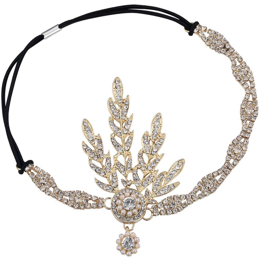 Art Deco 1920's Flapper Great Gatsby Inspired Leaf Medallion Pearl Headpiece Headband Gold
