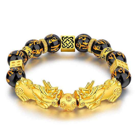 Spiritualität Buddha Karma Feng Shui Doppel Pixiu Obsidian Om Mani Padme Hum Wohlstandsarmband