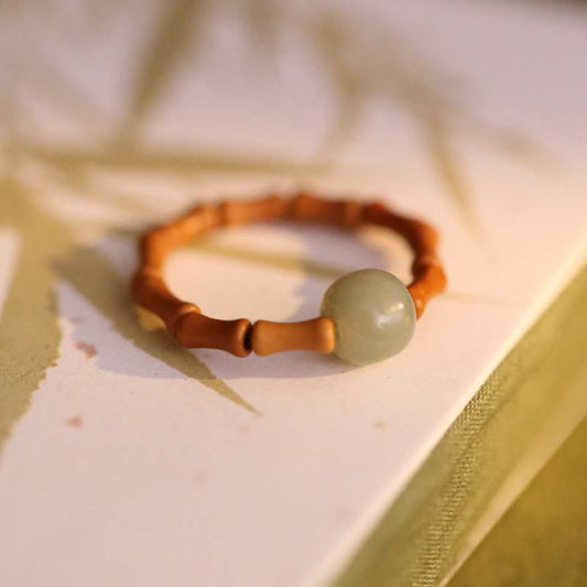 Bague porte-bonheur en jade Hetian et perles de bambou, symbole de prospérité
