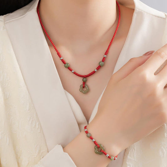 Ancient Tibetan Buddhist Red String Tradition  925 Sterling Silver Natural Hetian Cyan Jade Flower Pentagram Luck Red Rope Necklace Pendant Bracelet Set