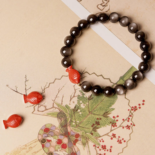Armband mit spirituellem Buddha-Karma-Motiv, natürlichem Silberglanz, Obsidian, Zinnober und Koi-Fischmotiv, beruhigendem Schutz 