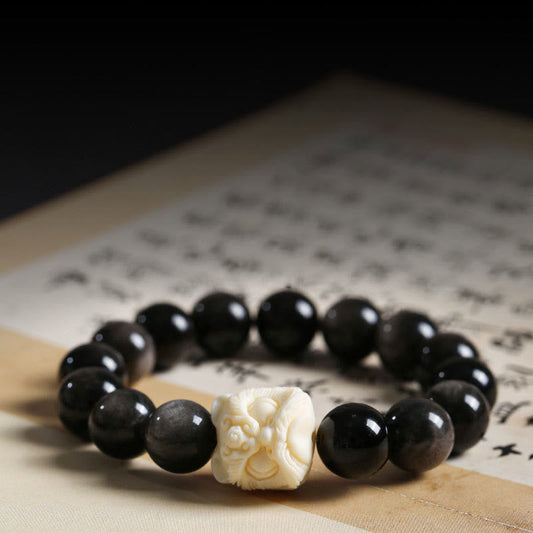 Spiritualität Buddha Karma Silberglanz Obsidian Bodhi-Samen Elfenbeinfrucht Tanzender Löwe Schutzarmband 