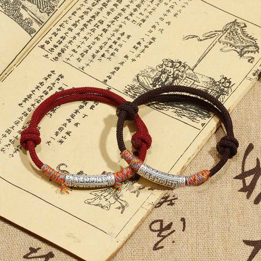 Antikes tibetisch-buddhistisches Armband aus rotem Seil, handgefertigt aus 999er Sterlingsilber, Om Mani Padme Hum Schutzseil 