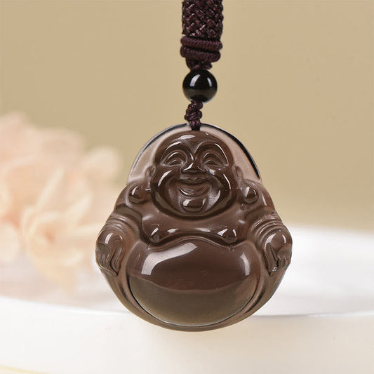 Spiritualität Buddha Karma Natürlicher Schwarzer Obsidian Eis Obsidian Lachender Buddha Reinigungshalskette Anhänger 