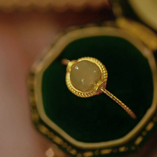 Bague ajustable en jade rond plaqué or 14 carats, symbole de chance et de prospérité 