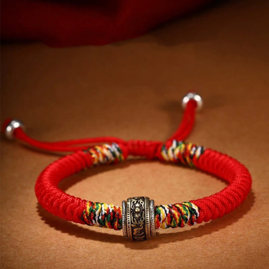 Antikes tibetisch-buddhistisches Armband mit roter Schnur, 925er Sterlingsilber, Om Mani Padme Hum King Kong Knoten 