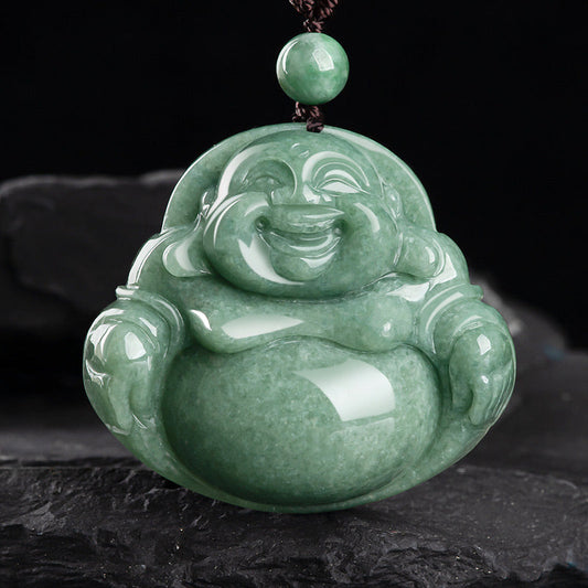 Buddha-Energie-Halskette, lachender Buddha, cyanfarbene Jade-Harmonie-Halskette mit Perlenanhänger