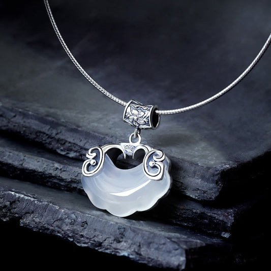 Jade  925 Sterling Silver Natural Chalcedony Lock of Good Wishes Koi Fish Luck Necklace Pendant