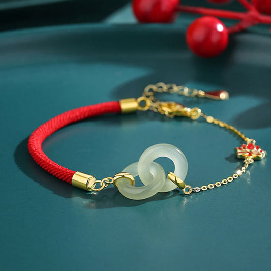 Ancient Tibetan Buddhist Red String Tradition  925 Sterling Silver Hetian Jade Double Peace Buckle Lotus Luck Bracelet