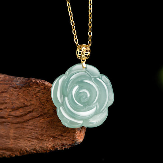 Jade  18K Gold 925 Sterling Silver Natural Jade Rose Luck Necklace Pendant