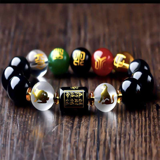Spiritualität Buddha Karma Chinesischer Tierkreis Feng Shui Obsidian Fünf-Elemente Wohlstandsarmband 