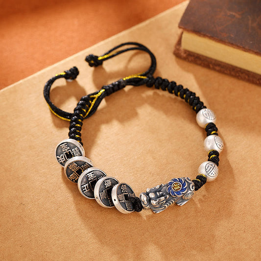 Altes tibetisch-buddhistisches Armband mit roter Schnur, geflochten aus 999er Sterlingsilber, Feng Shui PiXiu Kupfermünze, Fu-Zeichen für Reichtum