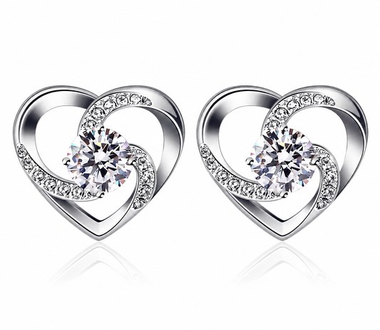 Women's Earrings "Love is Happiness", 925 Sterling Silver Stud Earrings with Zirconia, Elegant Heart Design, for Birthday/Valentine's Day/Mother's Day