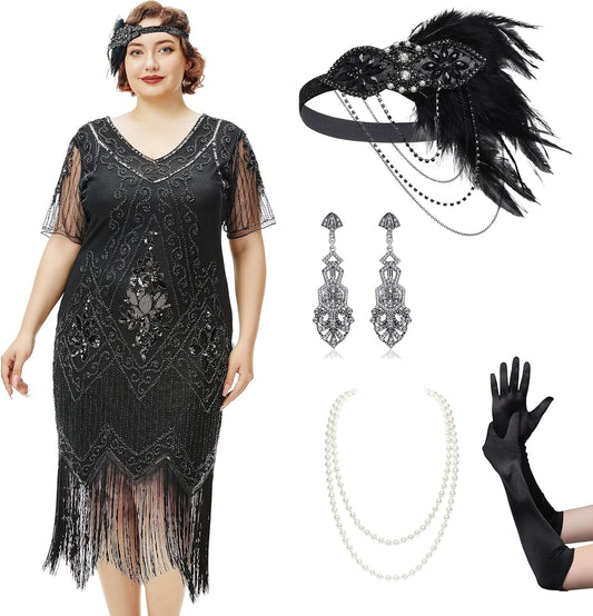 Great Gatsby Dresses Set for Women Plus Size Cocktail Dress 1920s Flapper Costume Set for Women