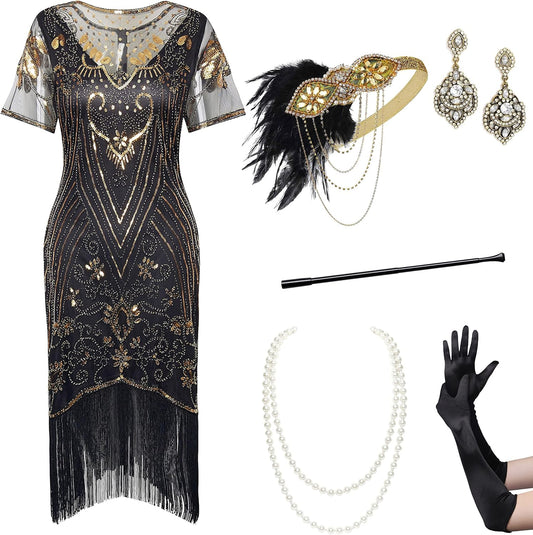 Flapper Dresses 1920s Gatsby - Roaring 20s Sequin Beaded Dress Set Fringe Dress