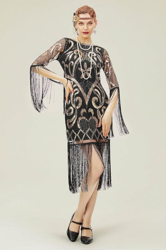 1920s Flapper Dress Long Fringe Gatsby Dress Roaring 20s Sequin Beaded Dress Vintage Art Deco Dress