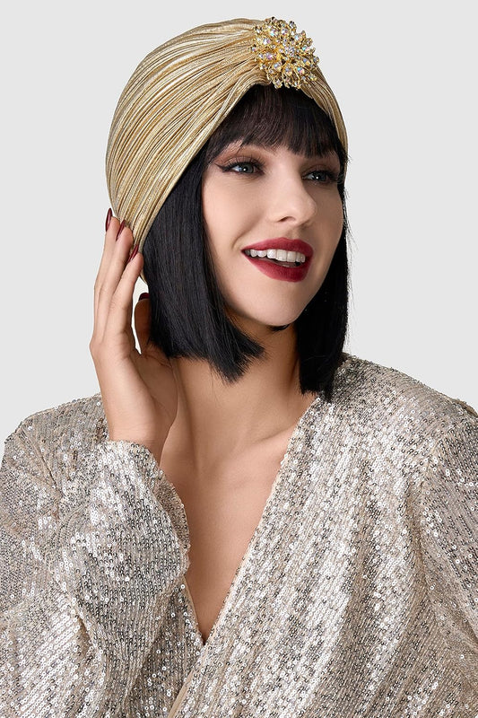 Women's Turban Hat with Crystal Vintage Head Wrap Knit Pleated Turban Gold