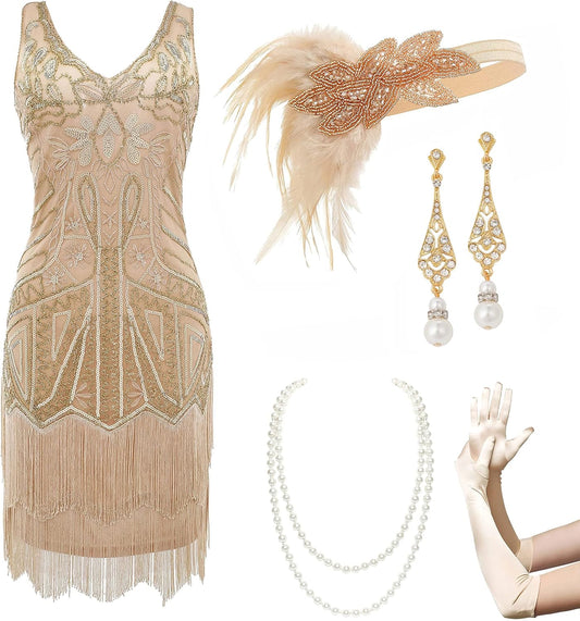 Women’s Flapper Dresses Set 1920s V Neck Beaded Fringed Great Gatsby Dress with Accessories Set