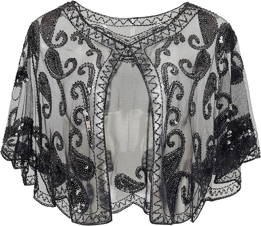 1920s Shawl Wraps Sequin Beaded Evening Cape Bridal Shawl Bolero Flapper Cover Up