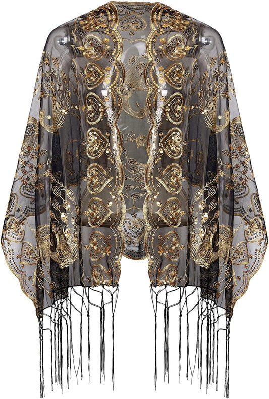 1920s Sequined Shawl Wraps for Women Fringed Evening Cape Wedding Bridal Shawl Scarf for Evening Dresses Party