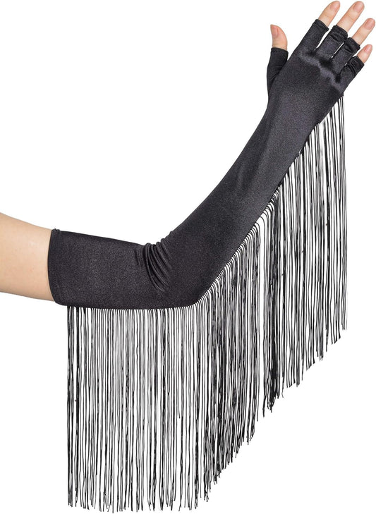 Vintage Long Opera Pageant Gloves - 1920s Fringe Fingerless Elbow Gloves for Costume Party Wedding