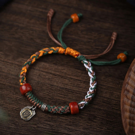 Ancient Tibetan Buddhist Red String Tradition  Handmade Tibetan Silver 925 Sterling Silver Zakiram Goddess of Wealth Camel Bone Protection Braided Bracelet