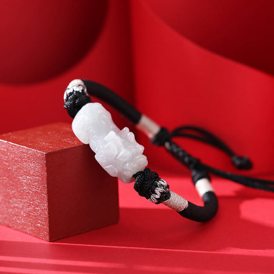 Ancient Tibetan Buddhist Red String Tradition  Handmade Natural Jade PiXiu Luck Prosperity Braided String Bracelet