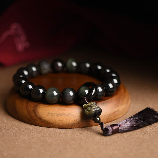 Spirituality Buddha Karma Natural Black Obsidian Lion Wrist Mala Protection Tassels Pocket Mala Car Decoration